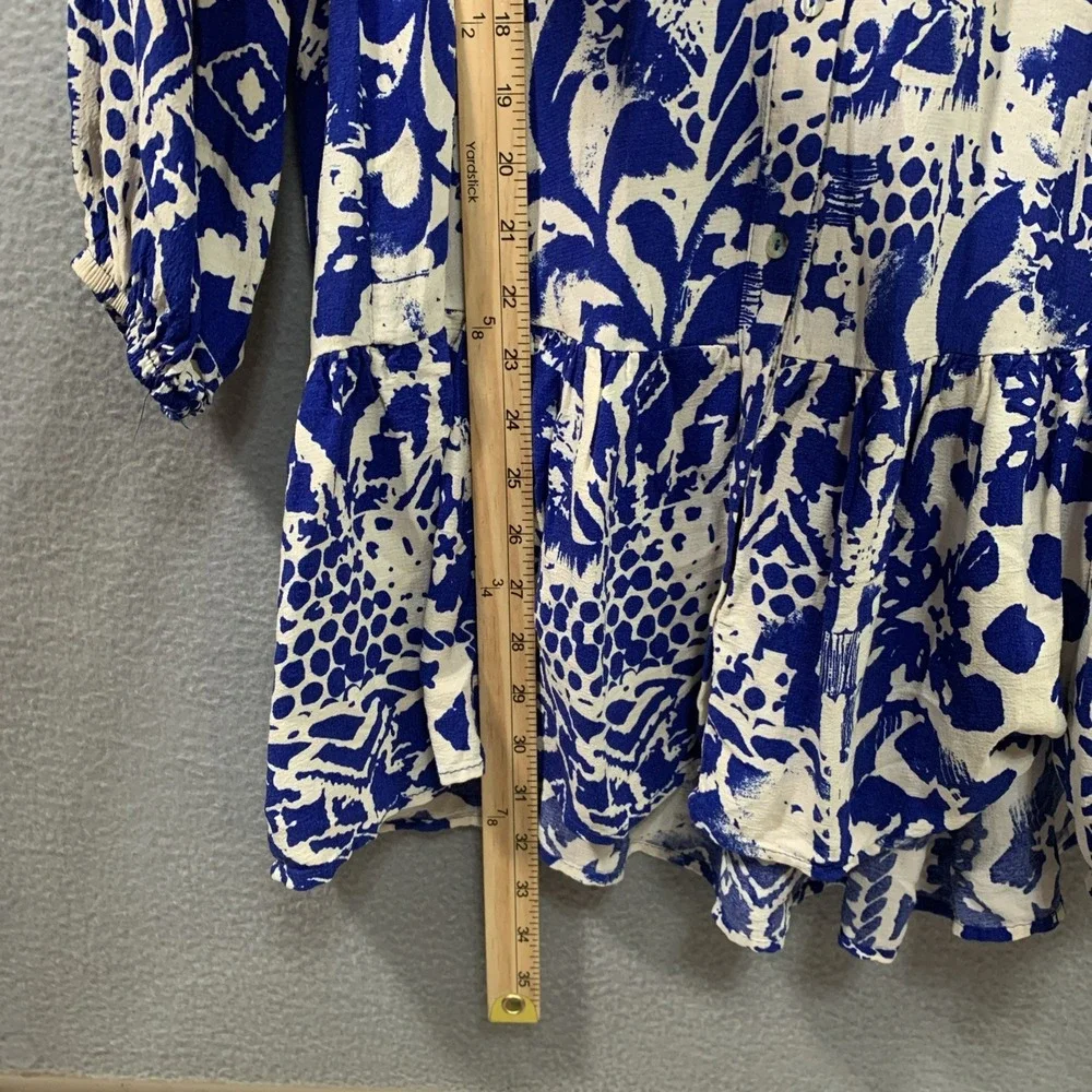 Zara‎ Women's Blue White Geometric V-Neck Balloon Sleeve Fit & Flare Dress XS